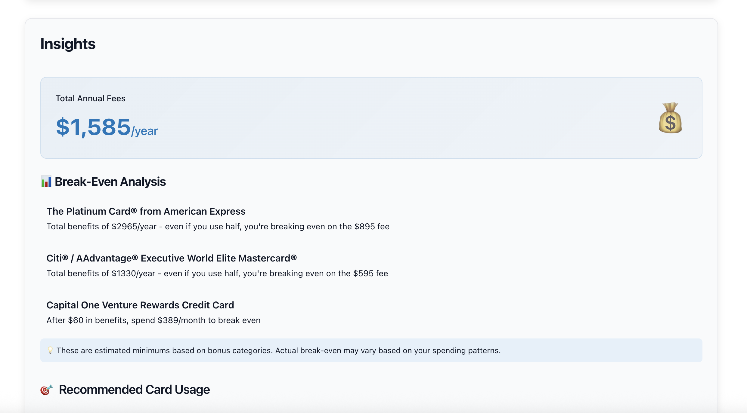 My Cards view showing card ownership analysis and break-even calculations